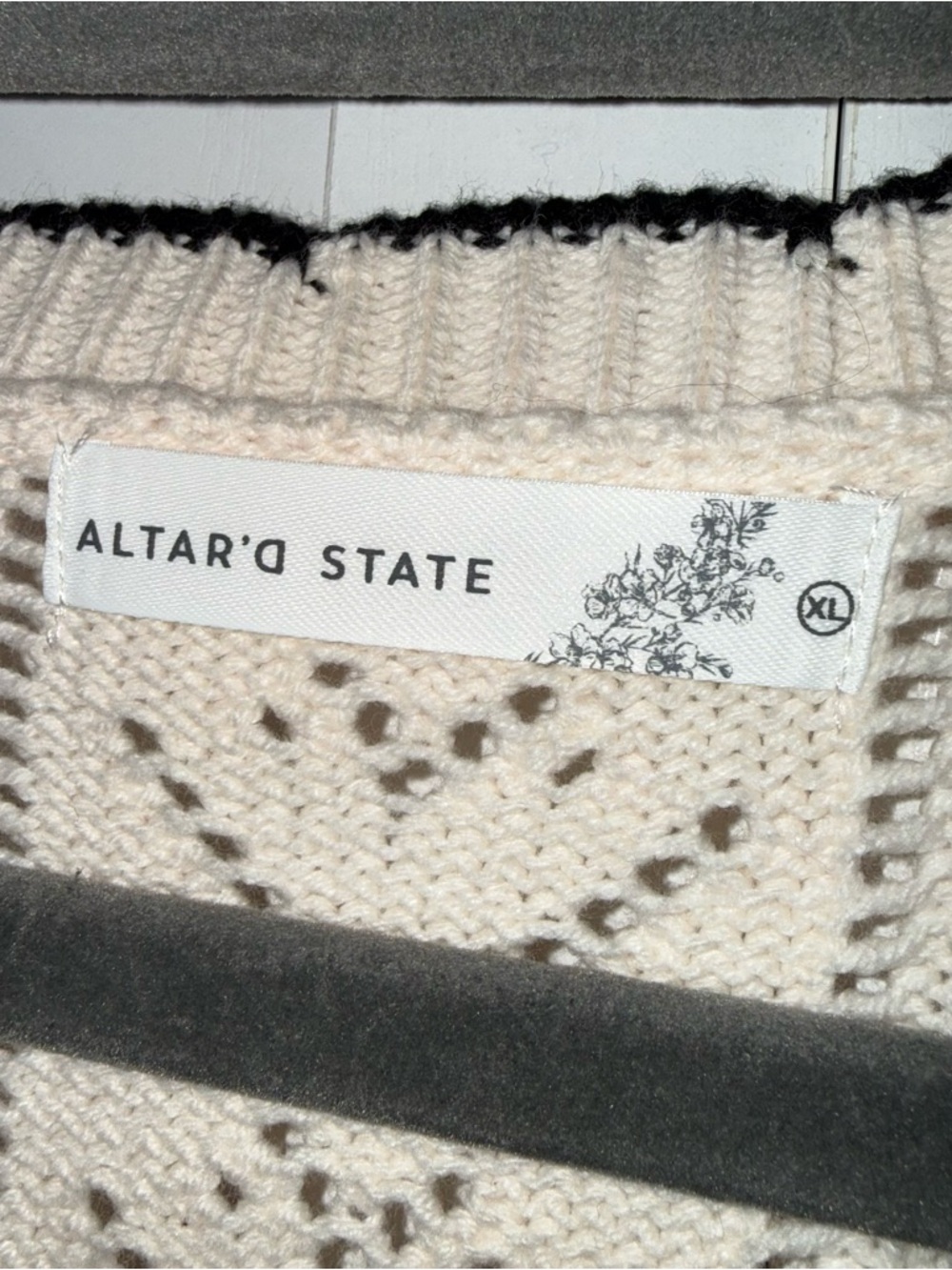 Altar’d State Bow Cardigan Womens XL Ivory Black Cropped Coquette Pointelle Knit - Picture 4 of 8